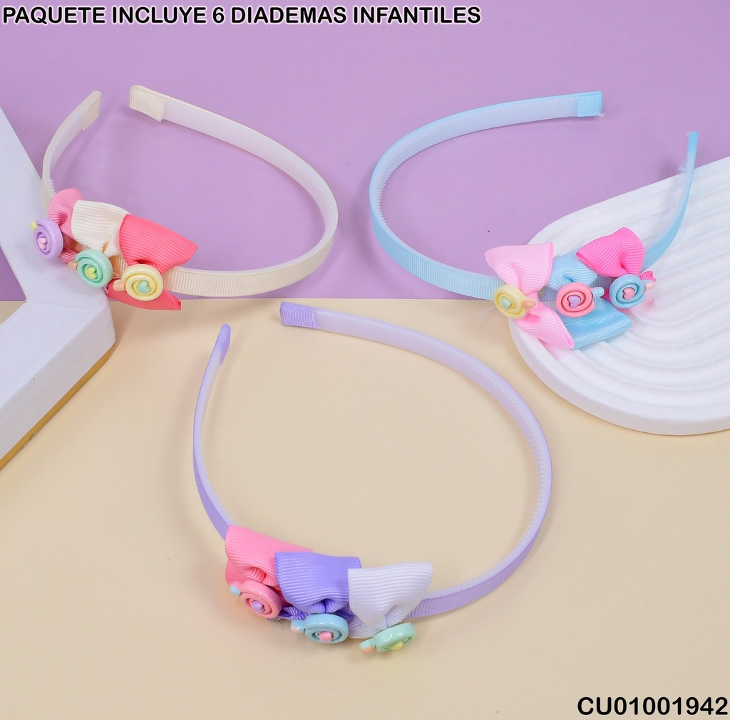 PAQUETE 6 DIADEMAS C/LAZO-🍭COLORES SURTIDOS 3713-7A