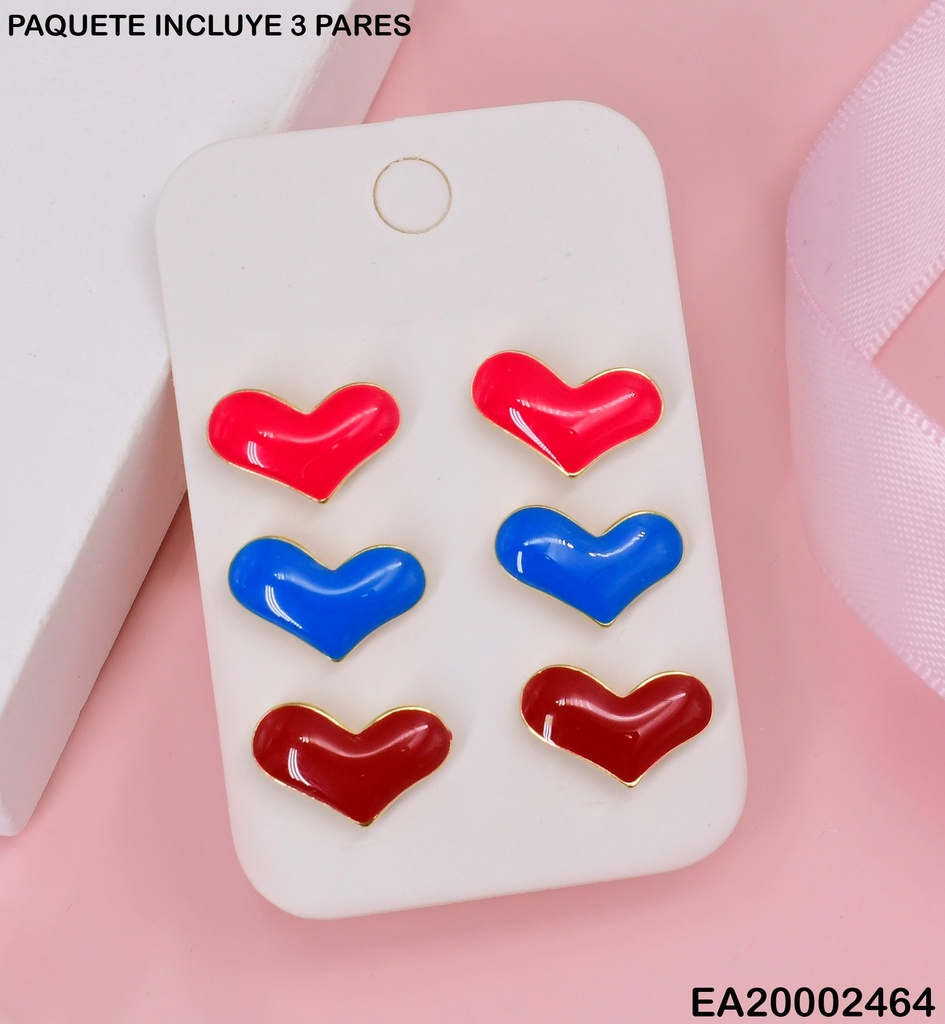 TRIO ARETES CORAZONES FUCSIA/AZUL/ROJO