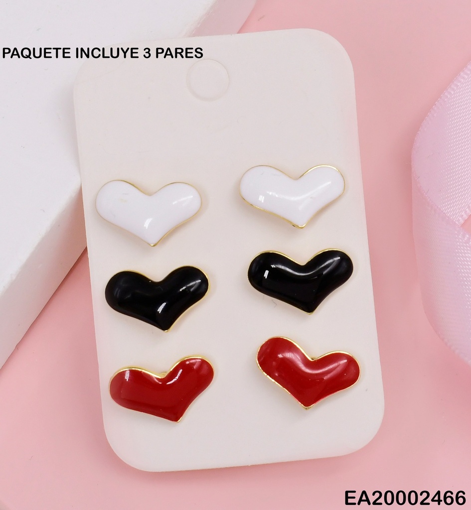 TRIO ARETES CORAZONES ROJO/NEGRO/BLANCO