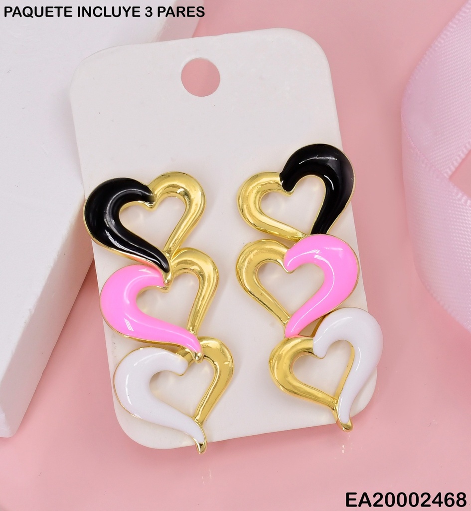 TRIO ARETES CROQUIS CORAZONES NEGRO/ROSADO/BLANCO