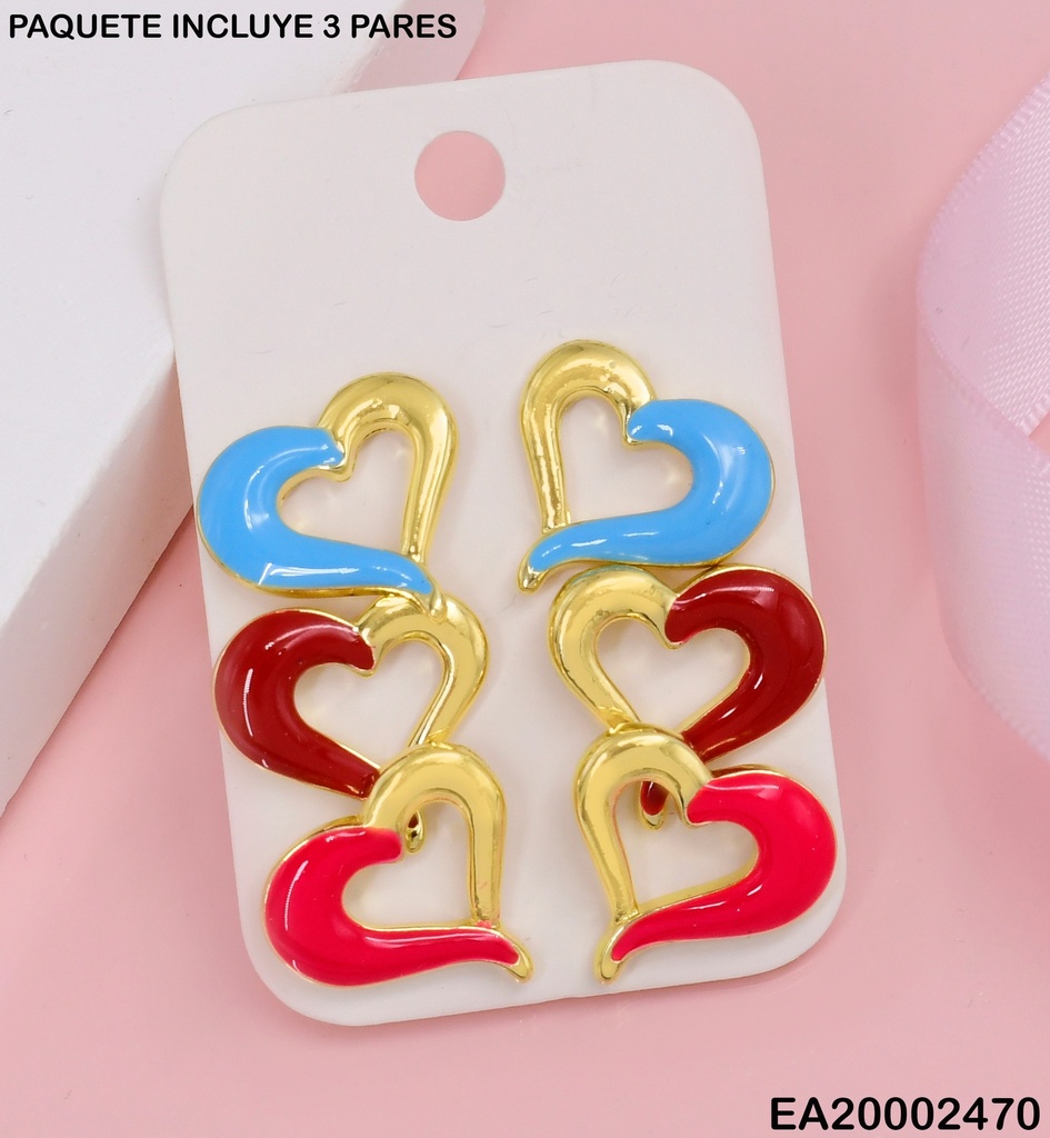 TRIO ARETES CROQUIS CORAZONES CELESTE/ROJO/FUCSIA