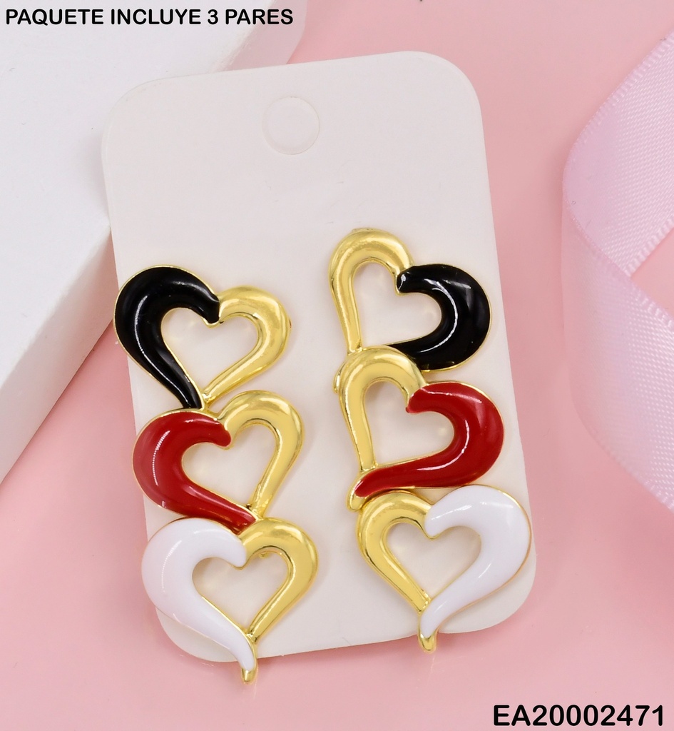 TRIO ARETES CROQUIS CORAZONES BLANCO/ROJO/NEGRO