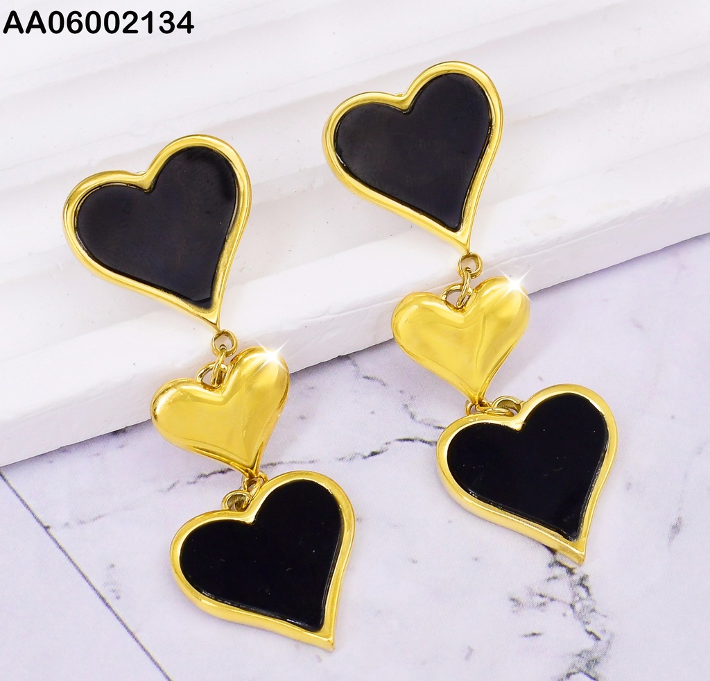 ARETES 3 CORAZONES VERTICALES🖤💛🖤