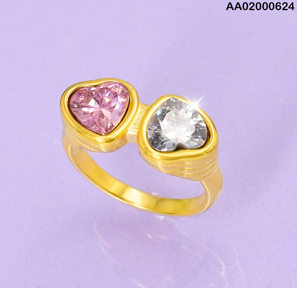ANILLO DOS CORAZONES ZIRC. ROSA  2311011-13