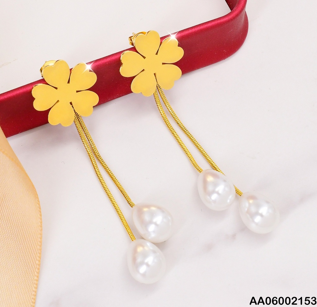 ARETES PLACAS DOR.FLOR 2 LINEAS COLGANTES GOTA BLANCA