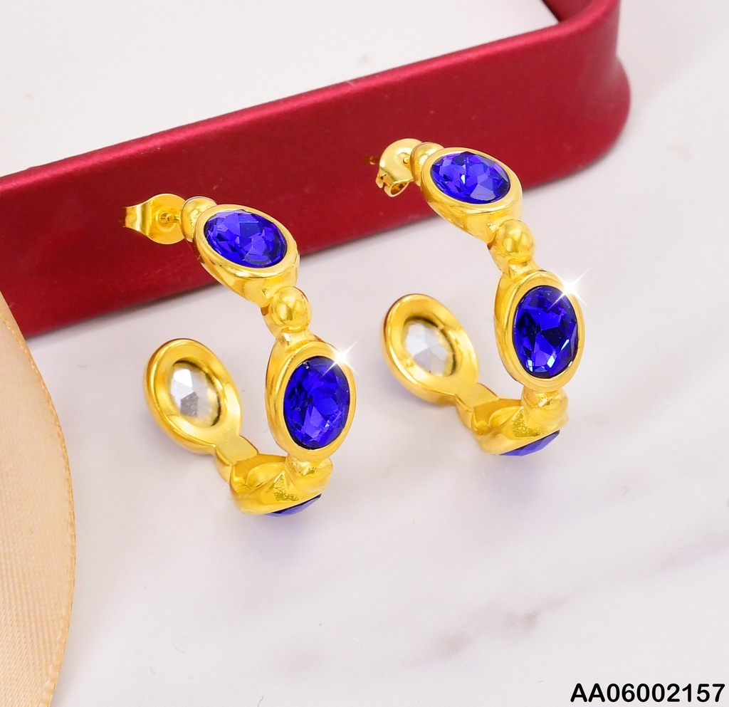 ARETES 4 OVALOS AZULES LINEA VERTICAL C/DORADO