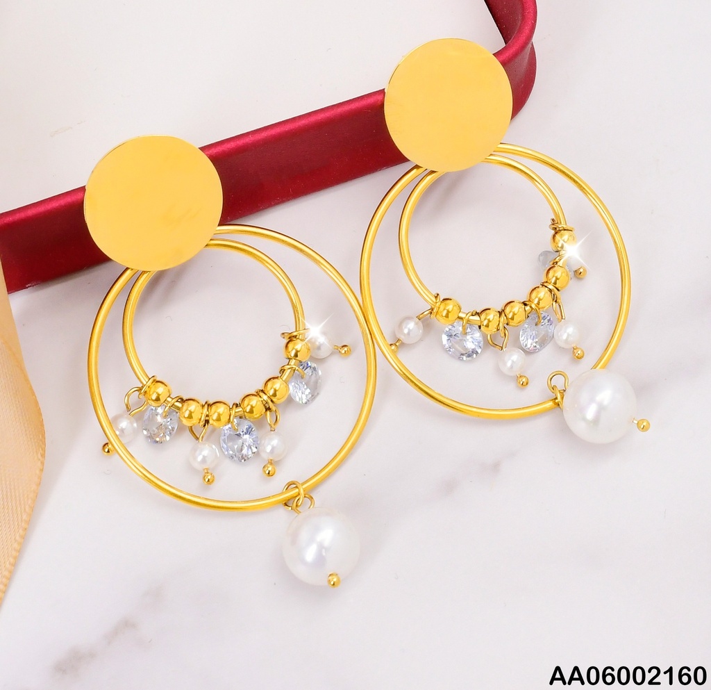 ARETES PLACA RD.DOBLE CIRCULO C/PERLITAS/ZIRC./PELOTITAS