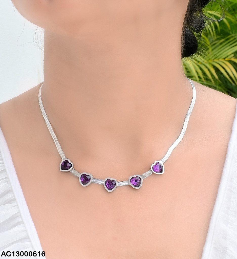 CADENA PLAT. SERPIENTE 5 CORAZONES MORADO 0747602-180