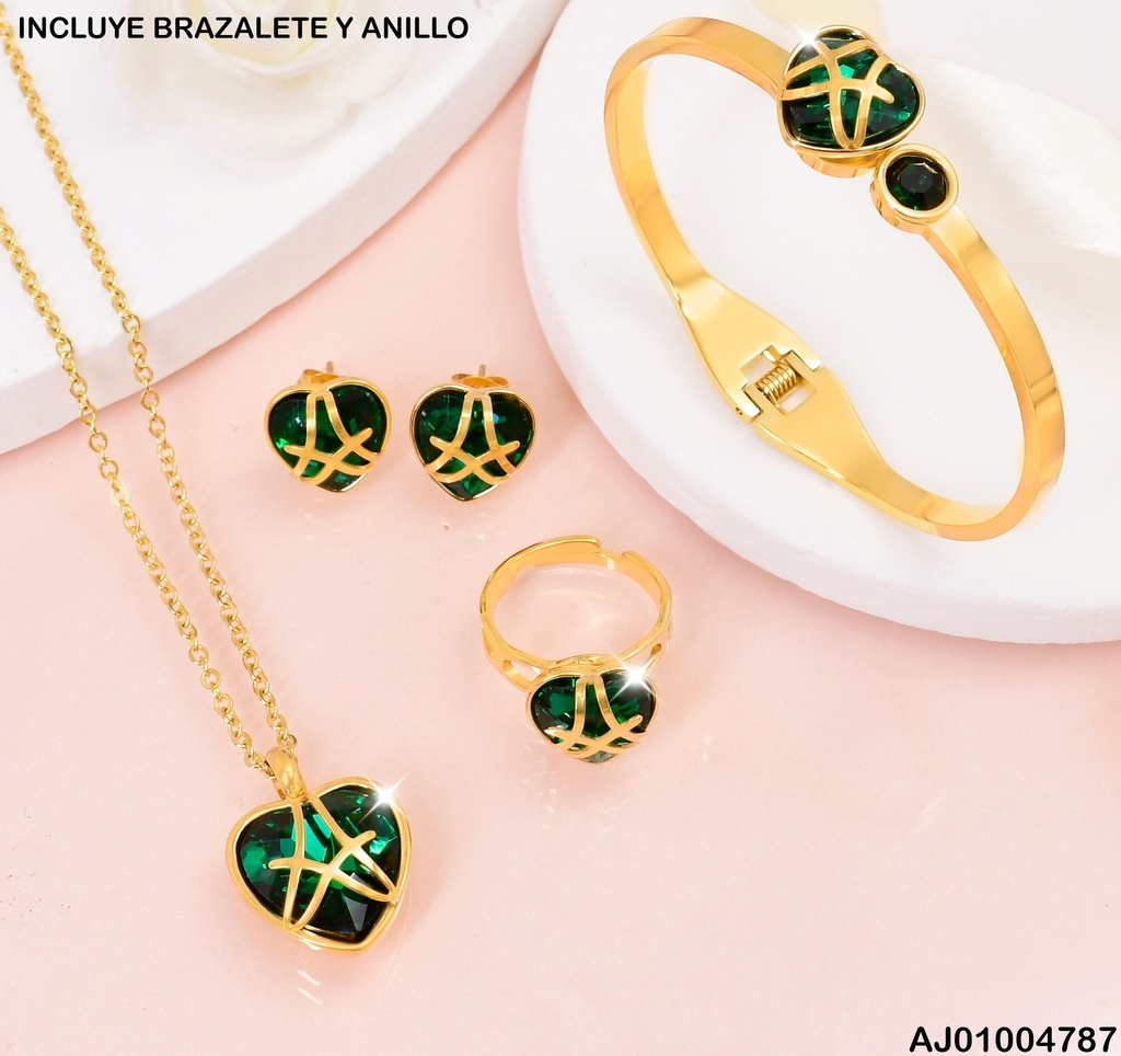 JUEGO CORAZON ZIRC. VERDE BRAZ./ANILLO 081103-152