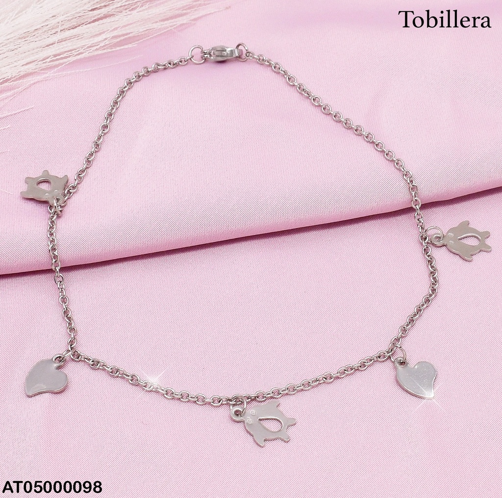 TOBILLERA PLATEADA DIJES PAREJA DELFINES-CORAZON IRREG