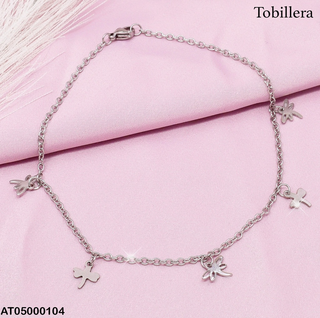 TOBILLERA PLATEADA DIJES LIBELULAS CROQUI-PLACA