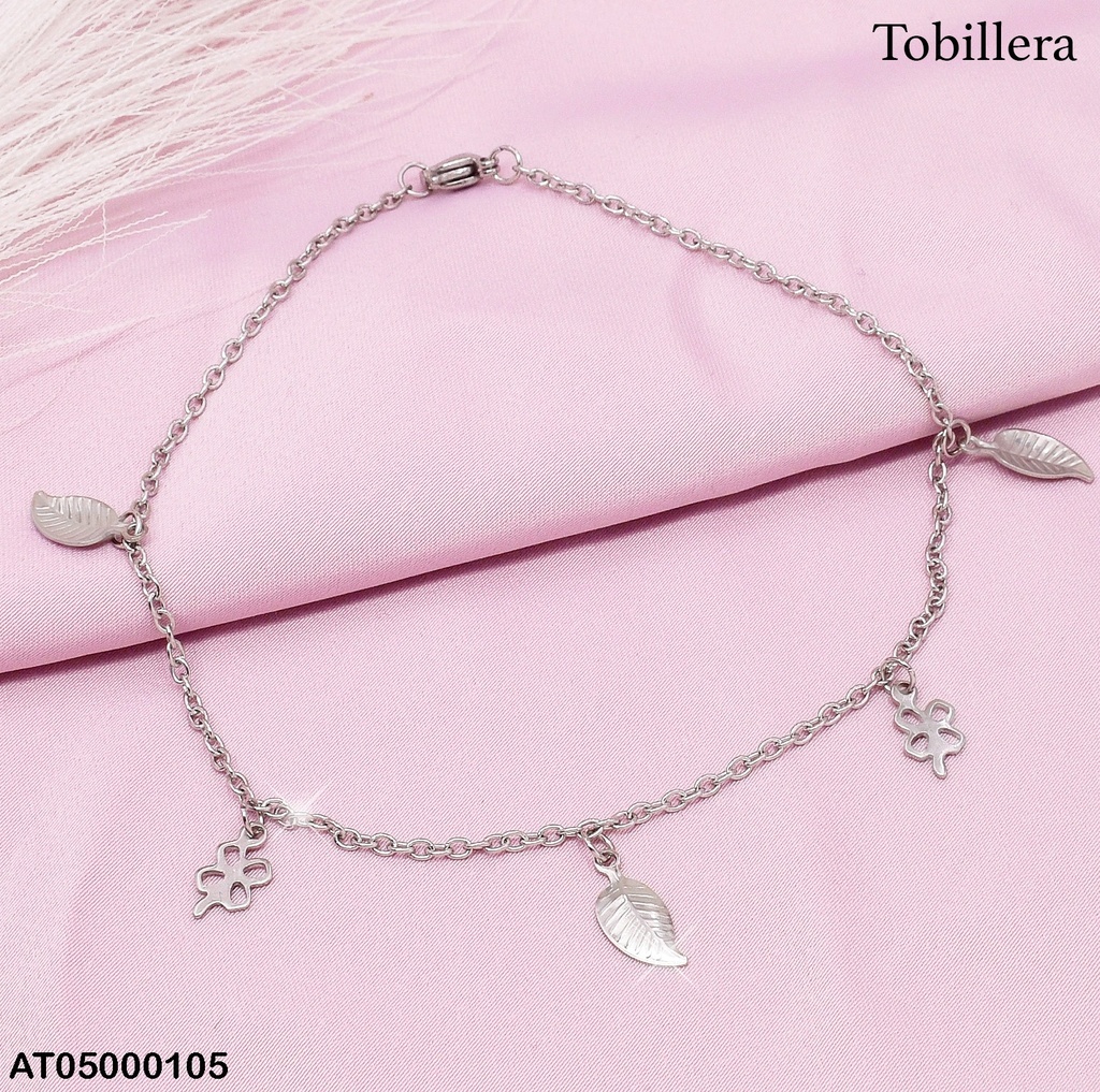 TOBILLERA PLATEADA DIJES HOJITAS-CROQUI TREBOL