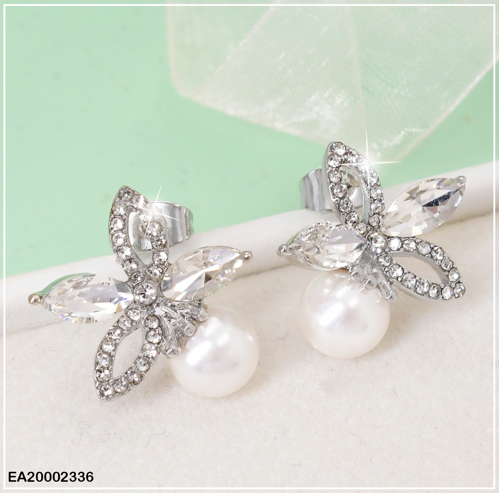 ARETES PLAT. FLOR 4 PETALOS ZIRC. PERLA # EE366-9