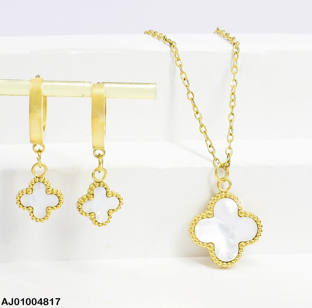 JUEGO TREBOL 4 HOJAS BLANCO ARETES HUGGIES 080228