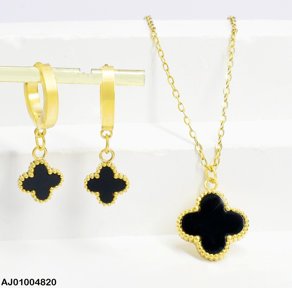 JUEGO TREBOL 4 HOJAS NEGROS ARETES HUGGIES 80835-W130