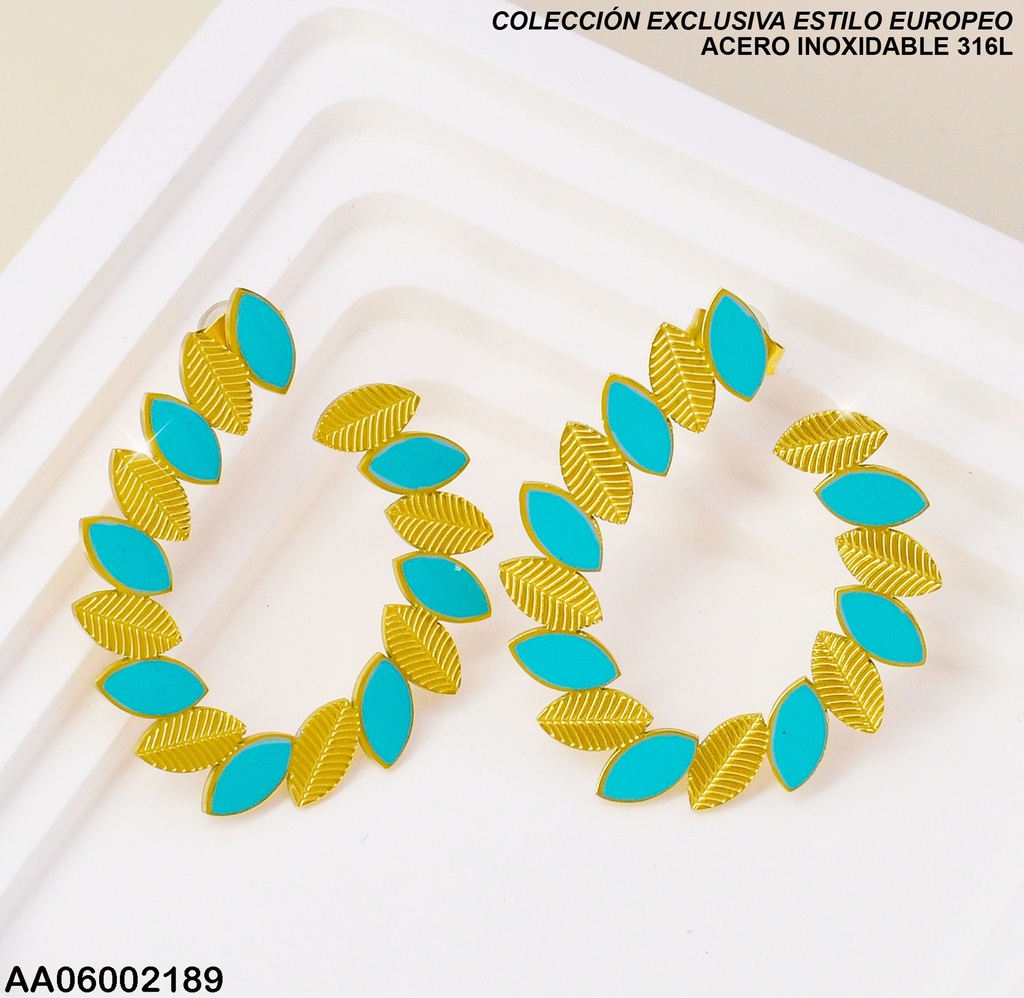 ARETES ESTILO EUROPEO HOJAS EN "U"DOR/TURQ.0806491