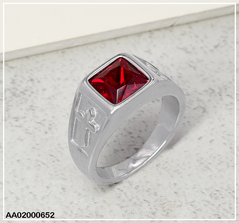 ANILLO PLATEADO VARON✝️ ZIRCONIA ROJA 080344