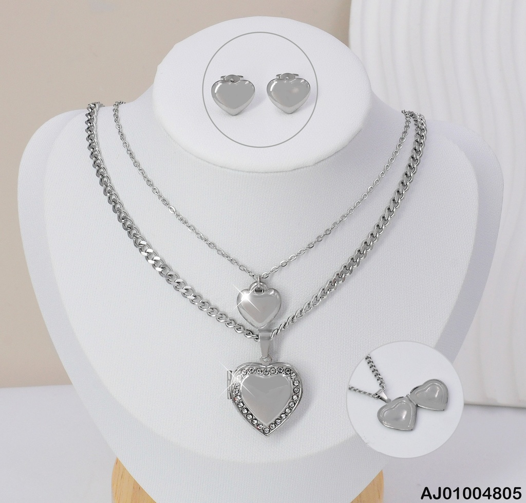 JUEGO PLATD. CAD. DOBLE CORAZON RELICARIO 080377-054