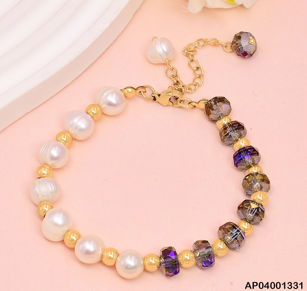 PULSERA MITAD PERLAS CULTIVADAS/RUEDAS MORADAS 081389-171
