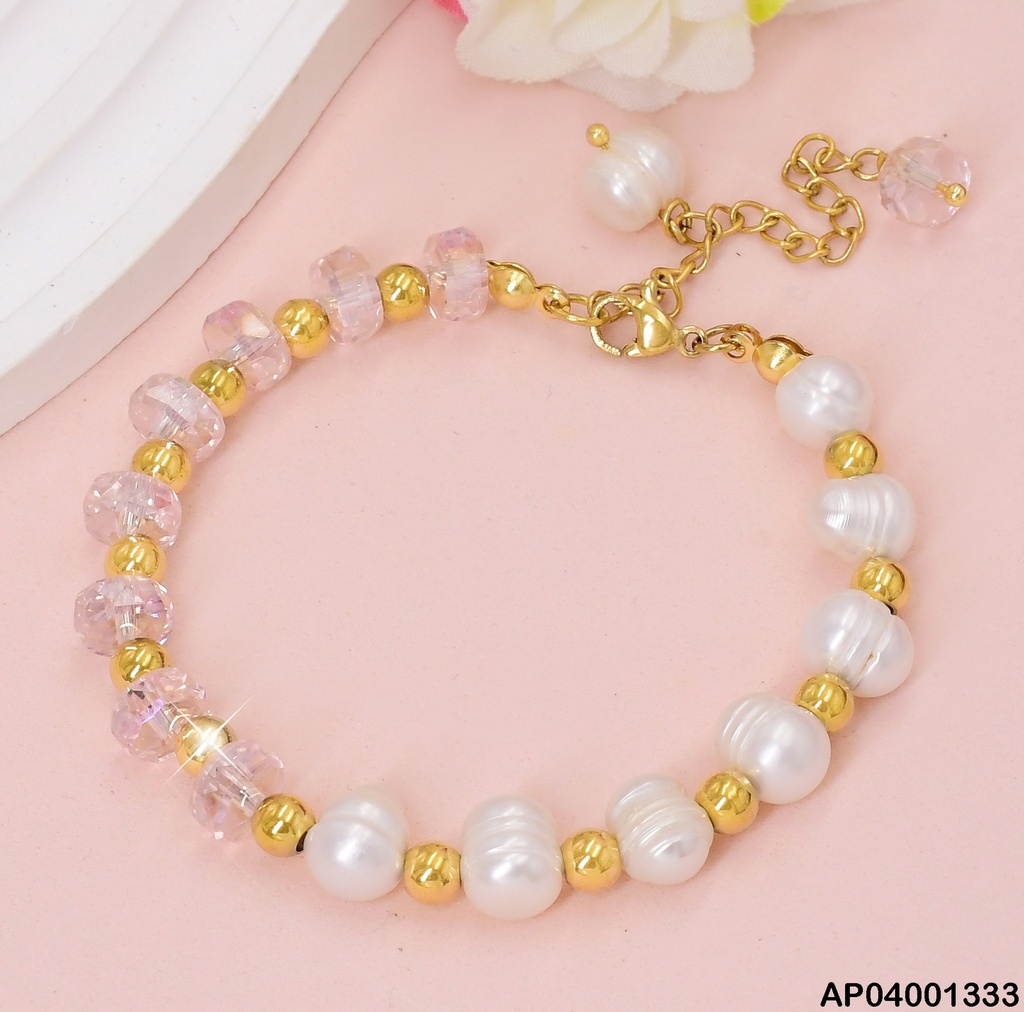 PULSERA MITAD PERLAS CULTIVADAS/RUEDAS ROSADAS 081391-171