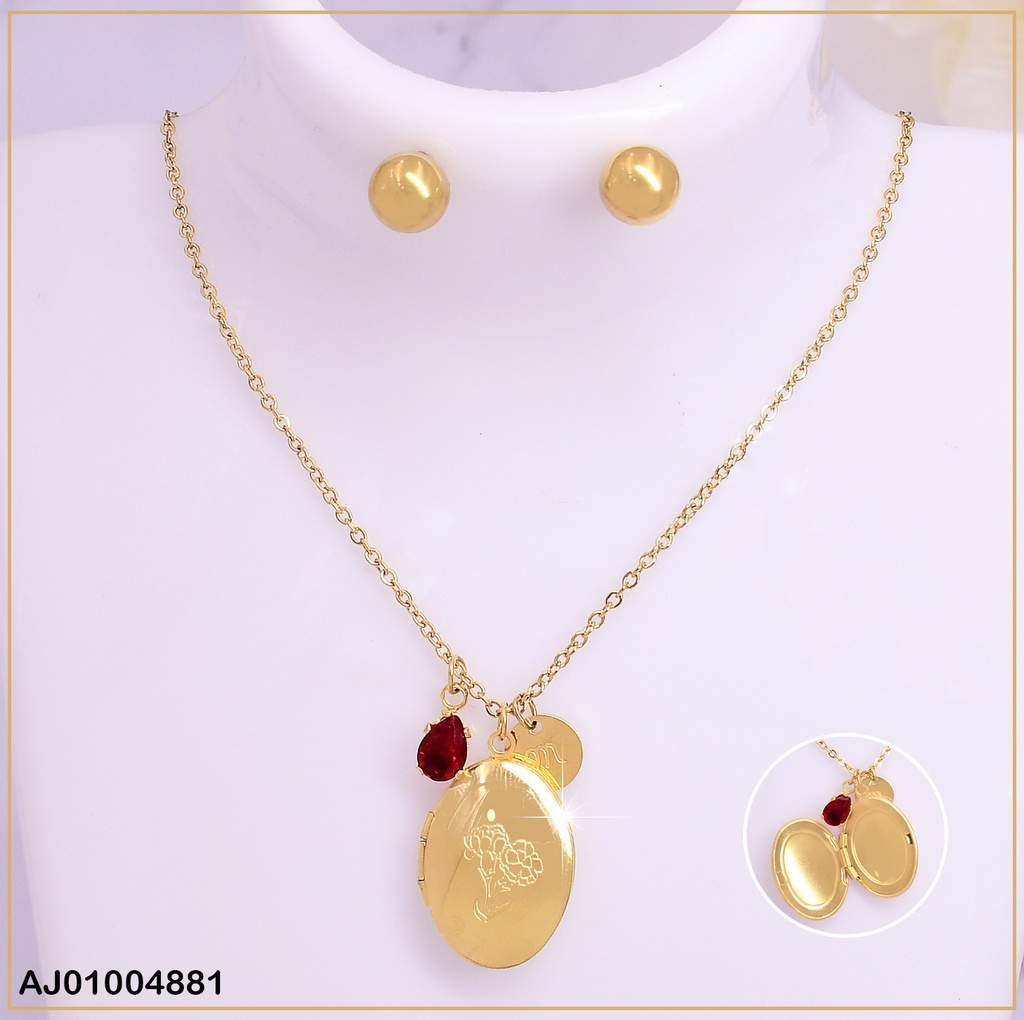 JUEGO ARETES PELOTAS DIJE RELICARIO OVALADO 080396-054