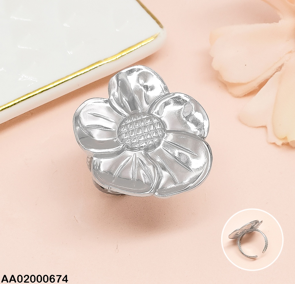 ANILLO PLAT. FLOR GRANDE CENTRO PUNTEADO RA047-131 AJUSTABLE
