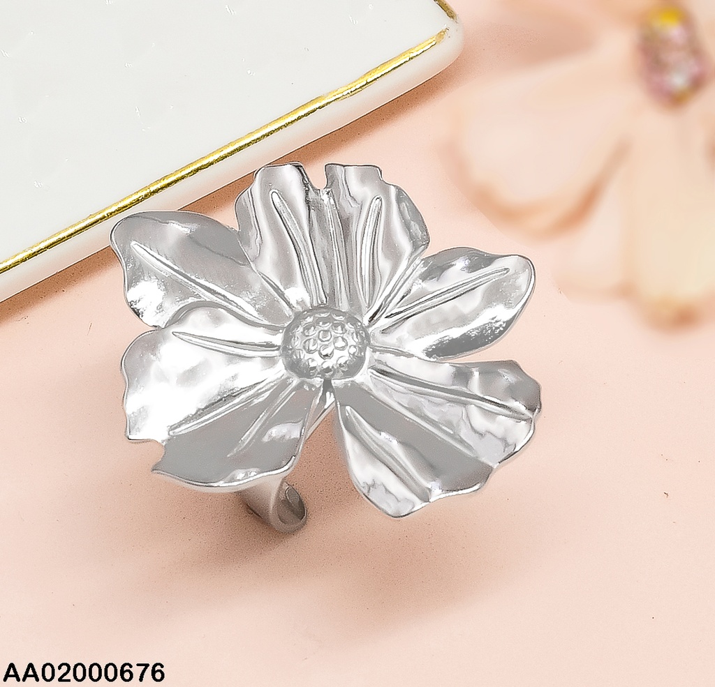 ANILLO PLAT. FLOR GR.PETALOS IRREG. RA049-131 AJUSTABLE