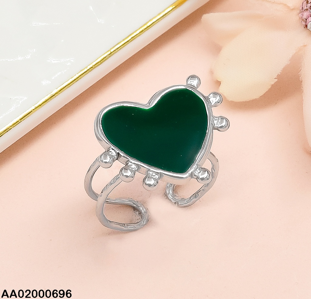 ANILLO PLATEADO CORAZON VERDE RA121-45 AJUSTABLE
