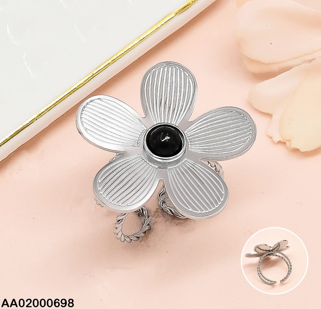 ANILLO PLAT. FLOR PETALOS RAYADOS/⚫RA125-45 AJUSTABLE