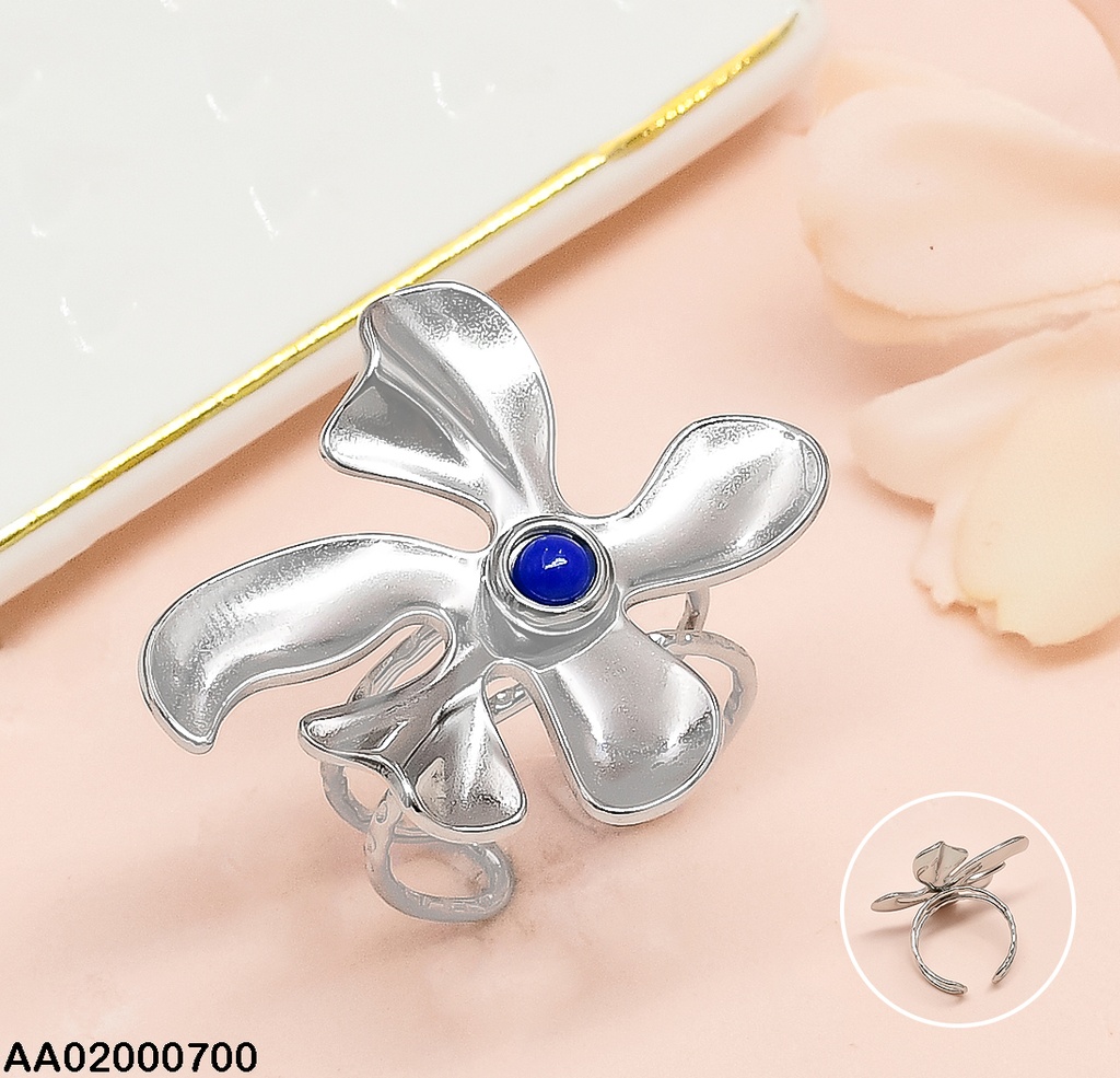ANILLO PLAT FLOR PETALOS IRREG.CENTRO🔵RA127-45 AJUSTABLE