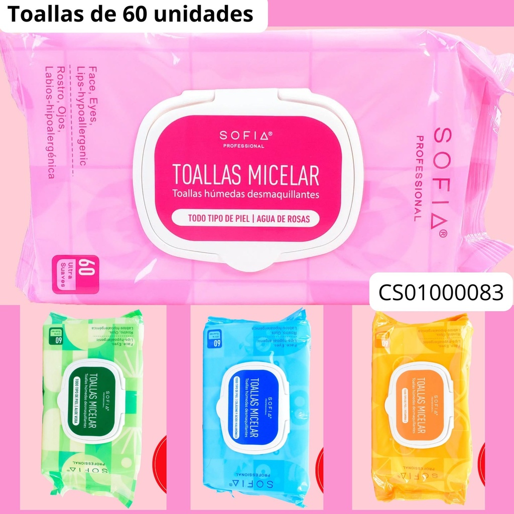 TOALLA DESMAQ. 60PCS SOFIA SURTD. ALL SKIN TYPES