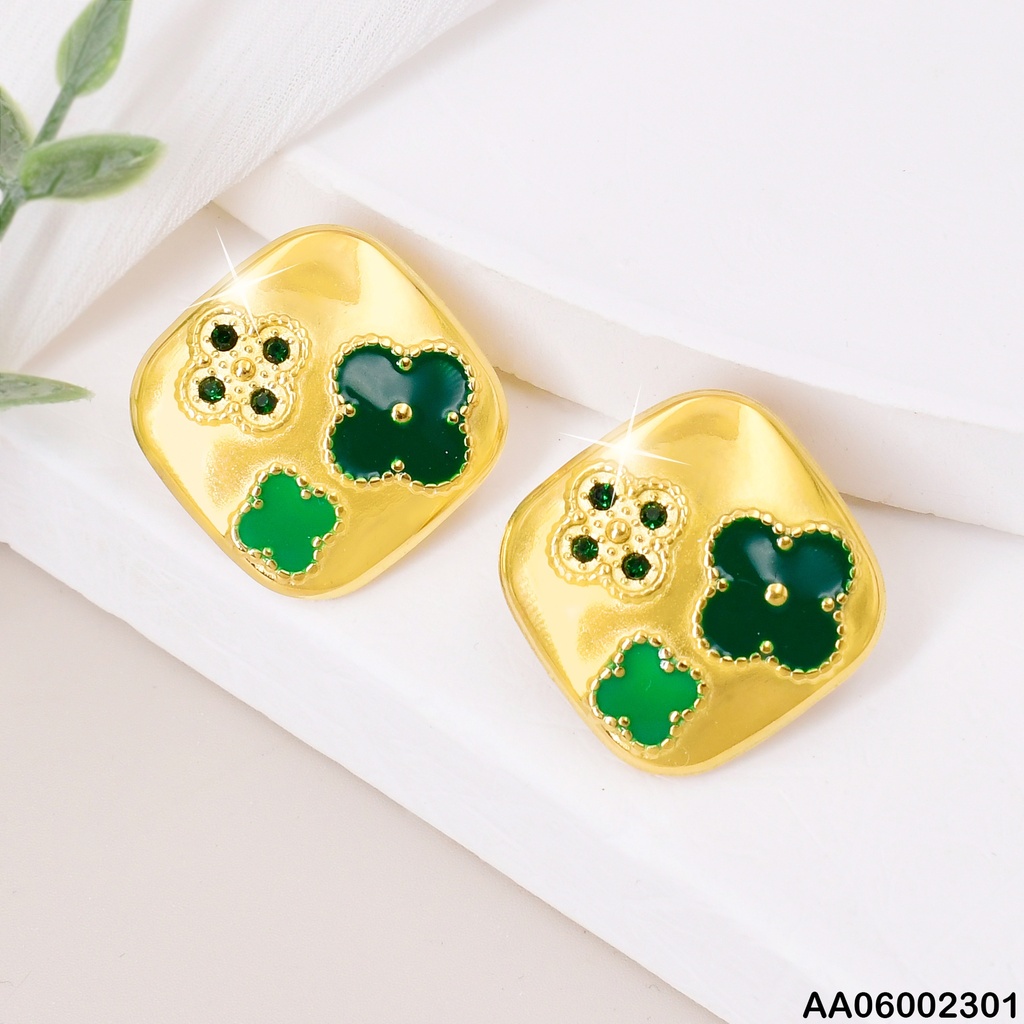 ARETES CUADRO DORADO FLORES-ZIRC/VERDES EA357-45