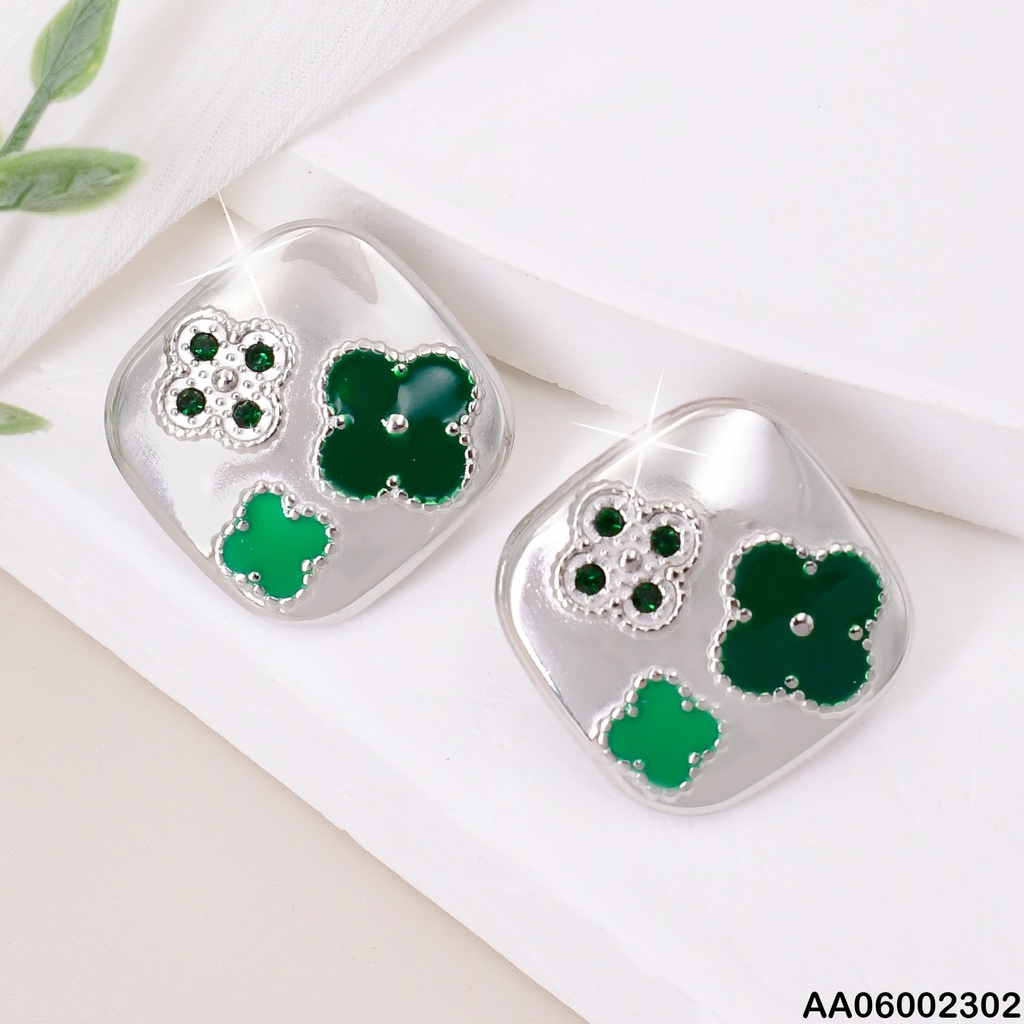 ARETES CUADRO PLATEADO FLORES-ZIRC/VERDES EA358-45