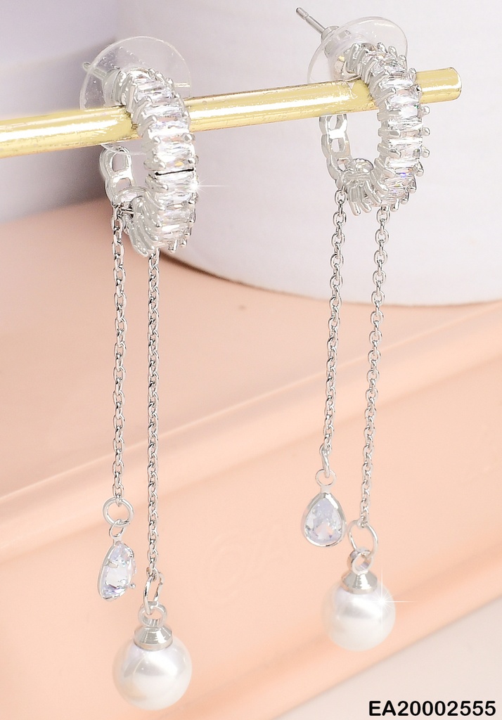 ARETES HUGGIES PLAT. 2 LINEAS COLGANTES ZIRC/PERLA EE231-132