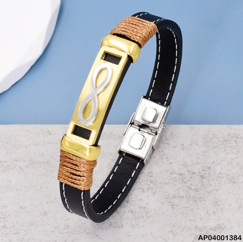 PULSERA CUERO/ AC. VARON PLACA DORADA INFINITO