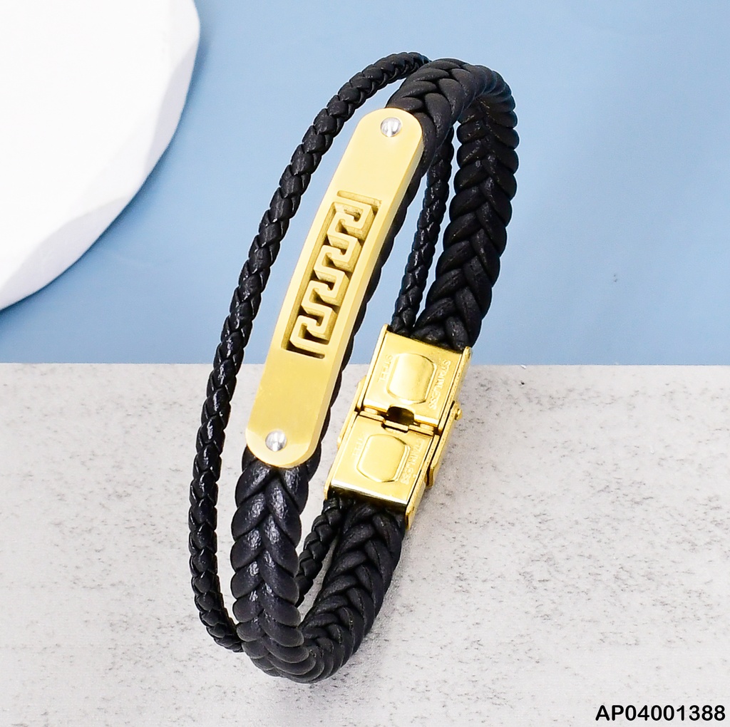 PULSERA CUERO/ AC. TRENZ PLACA GRABADO LA GRAN MURALLA VD081618-164