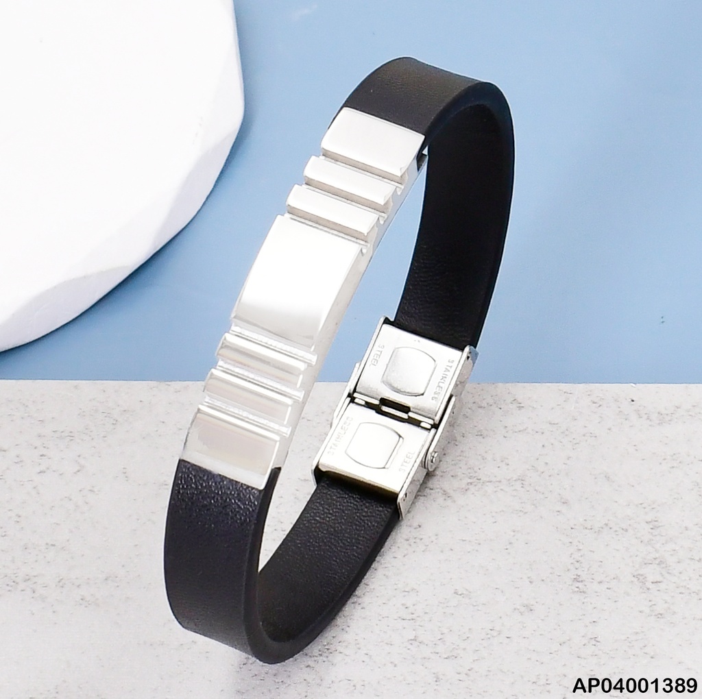 PULSERA CUERO/AC PLACA PLATEADA LINEAS VERTICAL  VD081630-164