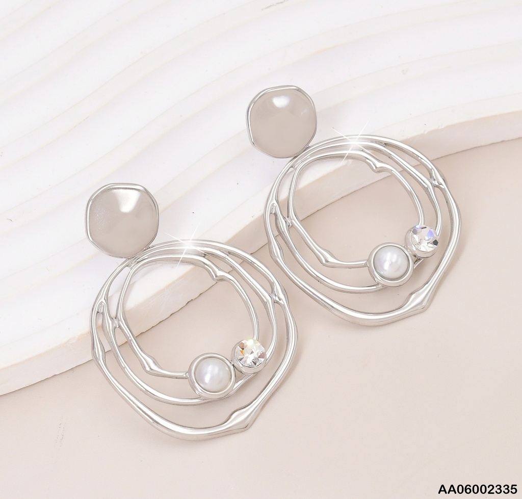 ARETES PLAT. PLACA RD,3 CIRC.COLGANTES C/PERLA-ZIRC EA296-131