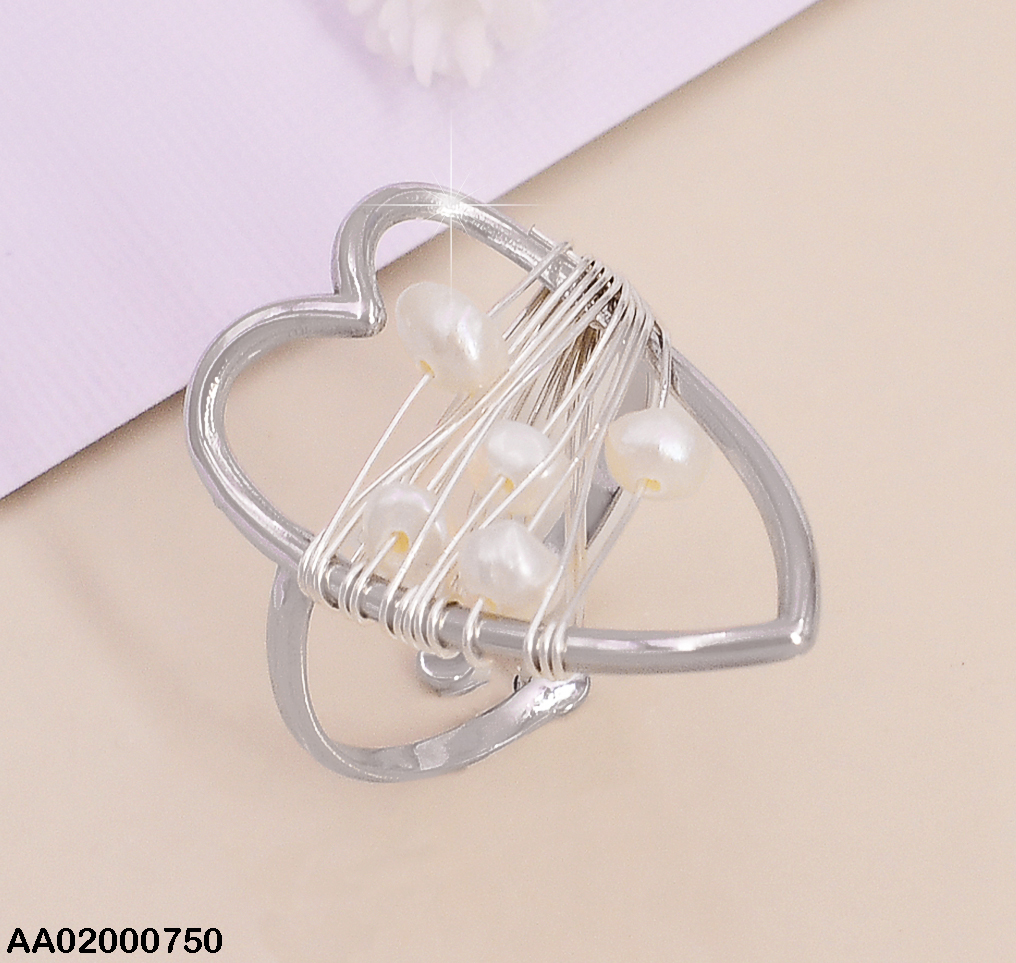ANILLO PLAT. AJUSTABLE/ CORAZON MALLA/PERLAS  CENTRO RA041-131