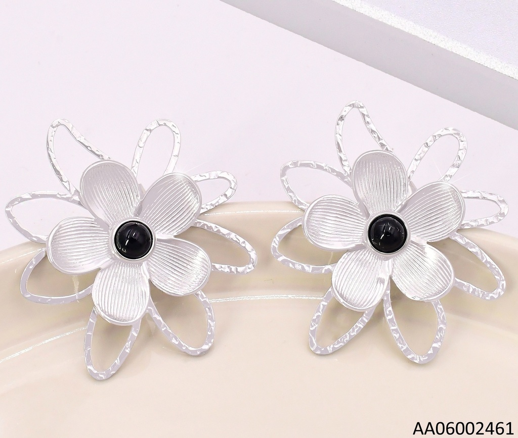 ARETES PLAT. DOBLE FLOR RAYAS/CROQUI CENTRO⚫EA458-131