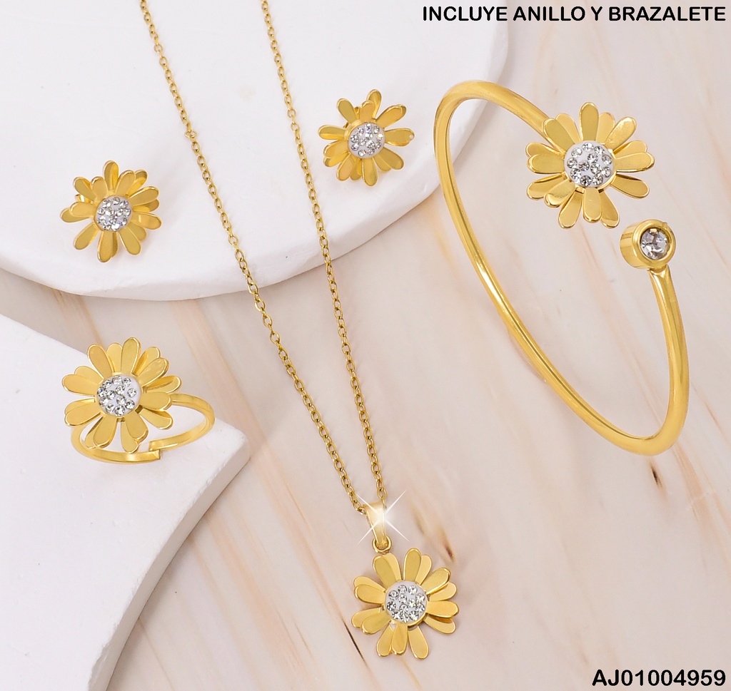 JUEGO FLOR CENTRO PUNTEADO ZIRC.BRAZALETE-ANILLO P8247