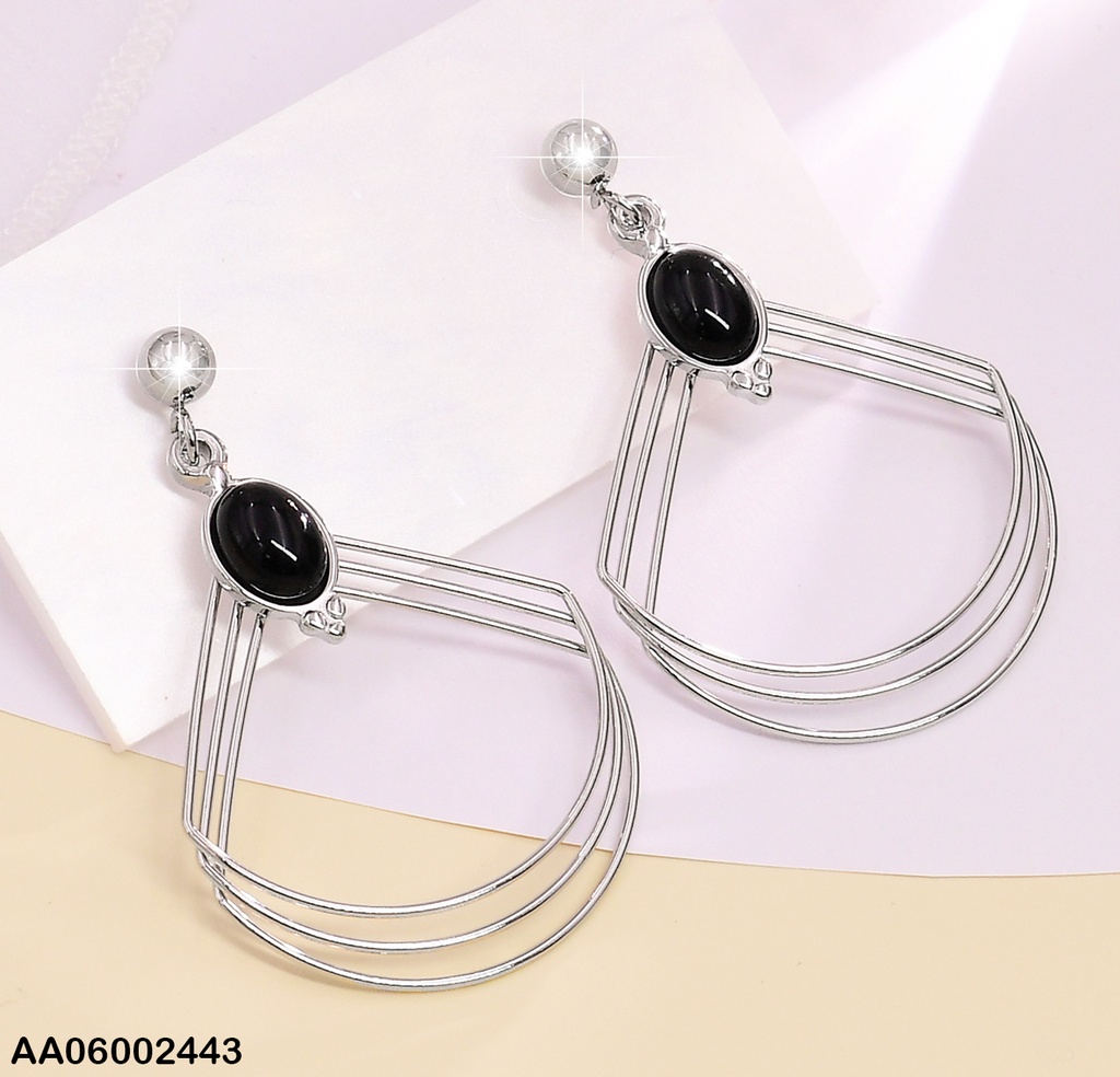 ARETE PLAT PERLA OVALADA NEGRA/TRIPLE TRIANGULO  EA380-131