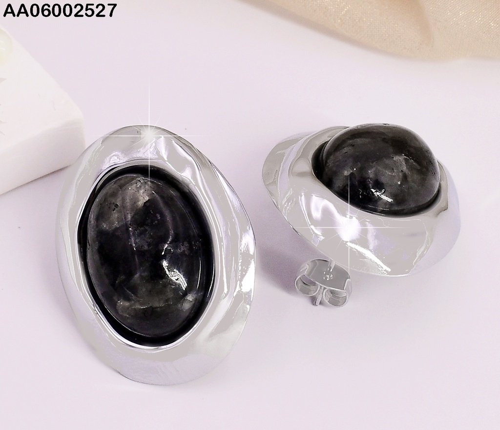 ARETES OVALO NEGRO BORDE PLATEADO EA412-45