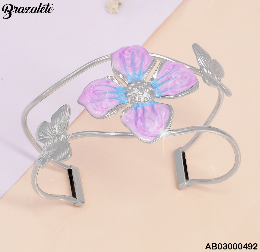 BRAZALETE ESMALTADO PLAT.2 LINEAS CENTRO FLOR MORADA/🦋🦋 BA170-45