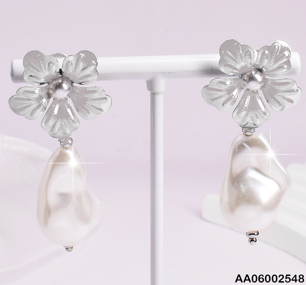 ARETES PLAT. FLOR CENTRO PERLITA,GOTA COLGANTE EA521-131