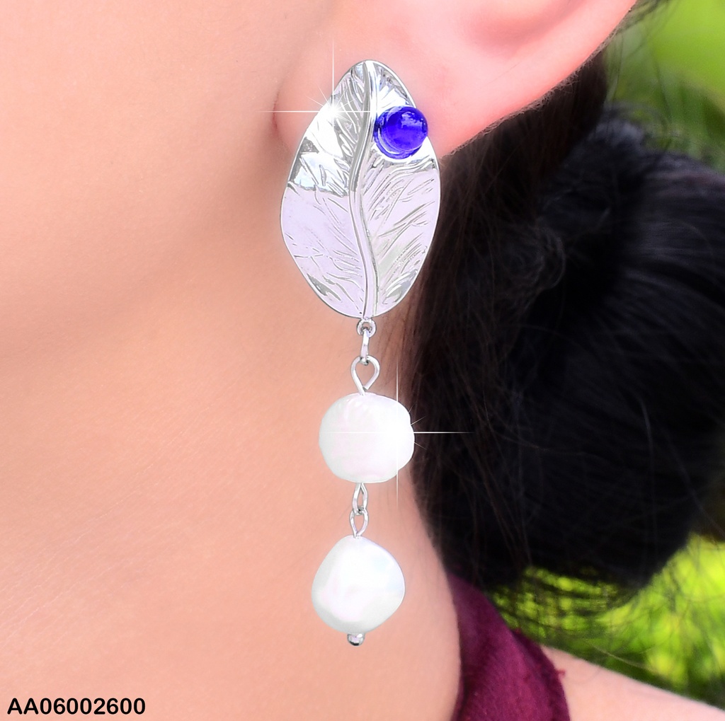 ARETES HOJA PLAT. C/ZIRC.🔵 2 PERLAS CULTIVADAS EA240-45