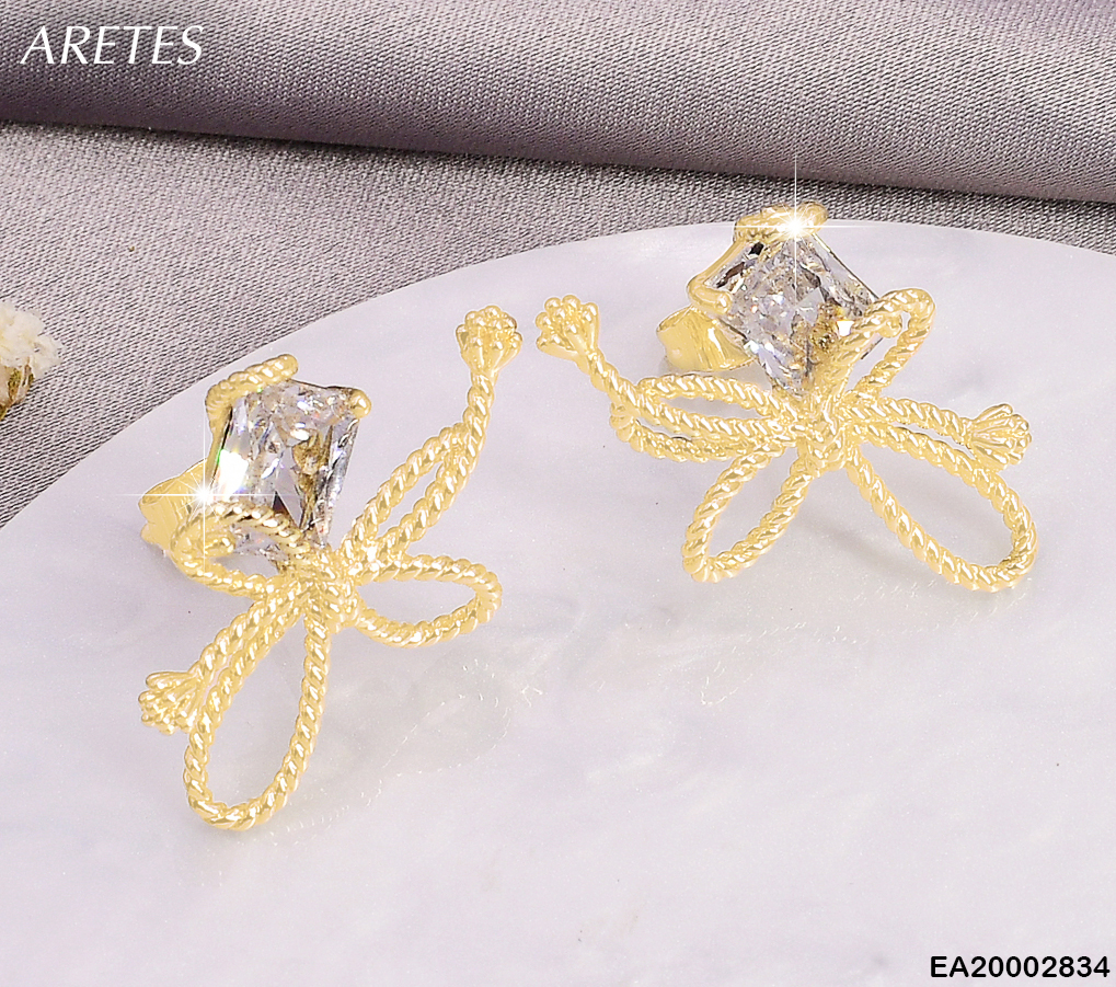 ARETES DOR DOBLE LAZO TORNEADO /ZIRC CUADRADA EE802-9