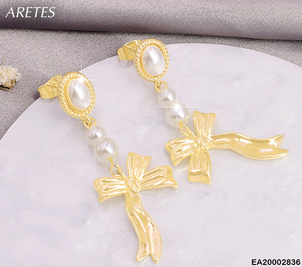 ARETES DOR / PERLA OVALO/2 PERLAS RD/LAZO IRREGULAR EE804-9
