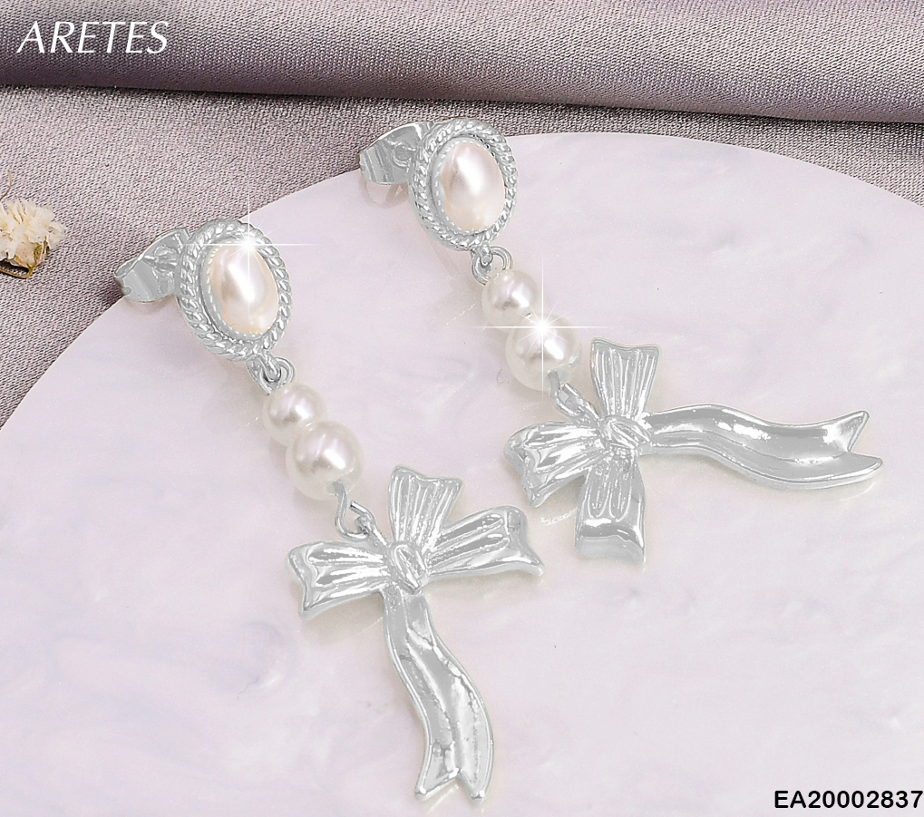 ARETES PLAT/PERLA OVALO/2 PERLAS RD/LAZO IRREGULAR  EE805-9