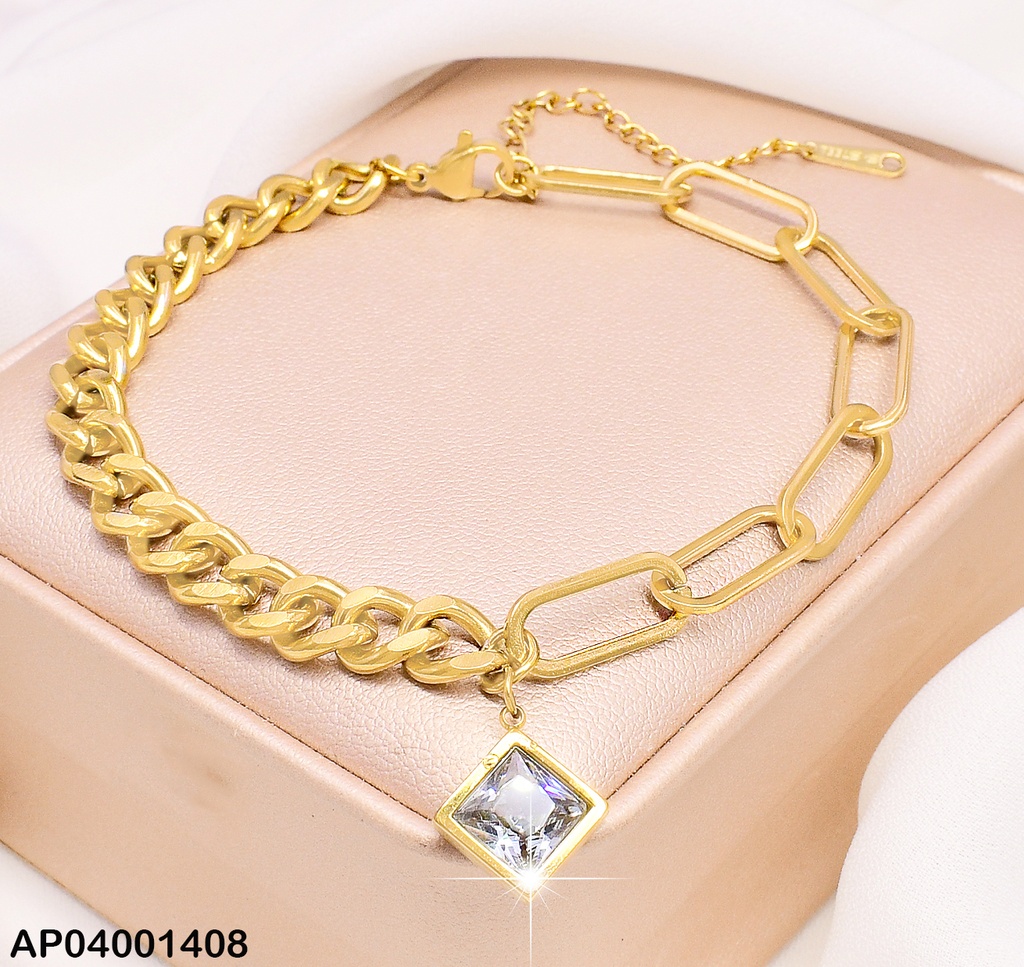 PULSERA DOR MARTILLADA/ZIRC. ROMBO /ESLABONES LARGOS MOD 001405